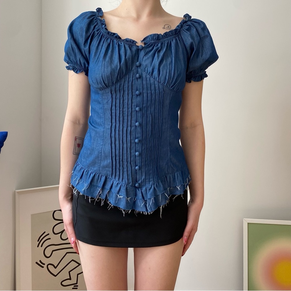 Blue Ruffled Women's Top - Picture 2 of 4